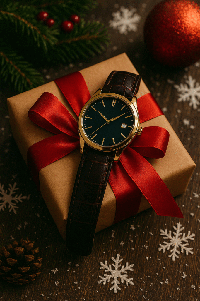 Montre dorée posée sur un paquet cadeau de Noël entouré de ruban rouge et de branches de sapin, créant une ambiance festive