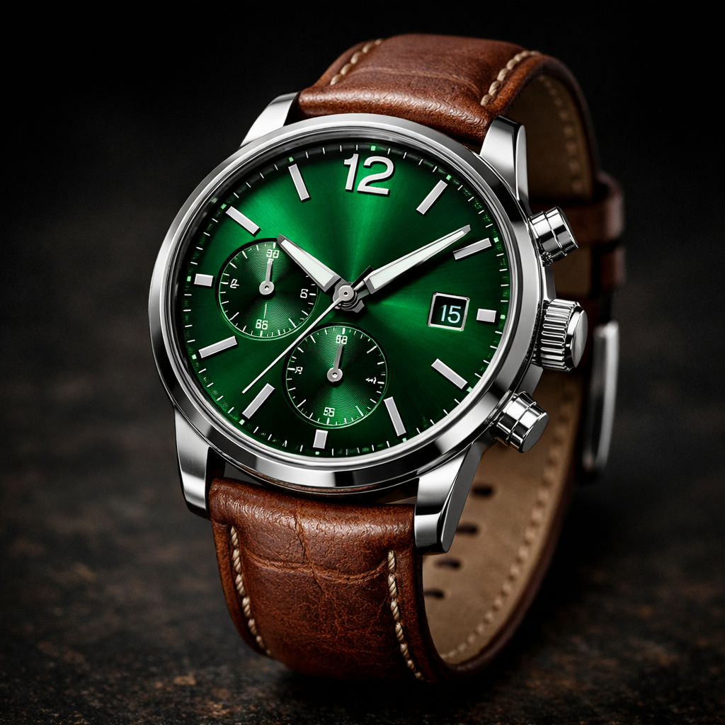 Montre pour homme avec cadran vert vibrant et bracelet en cuir brun