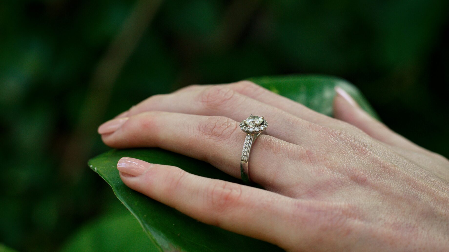 Diamond engagement ring on a hand against a natural background