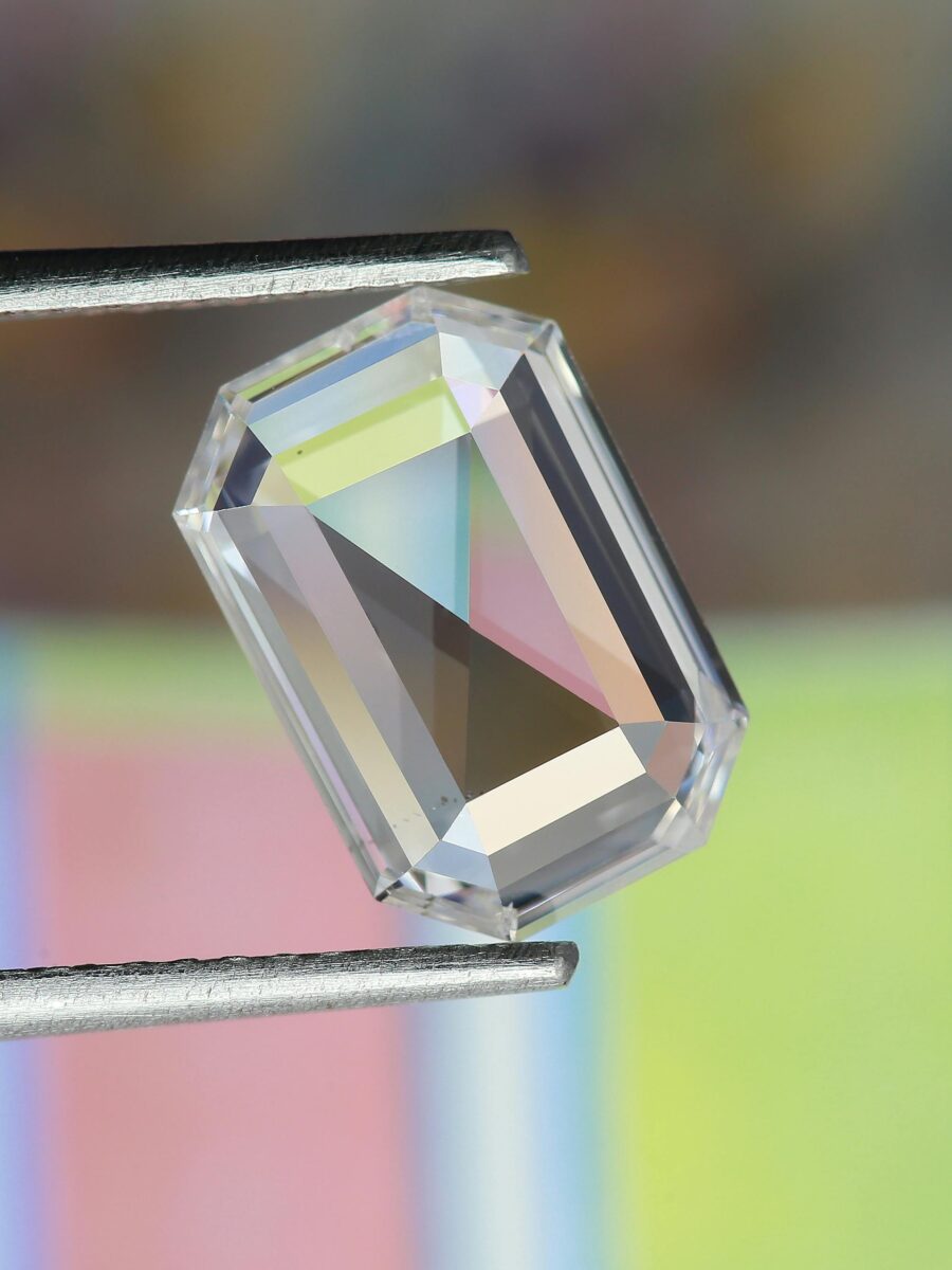 Emerald cut diamond, close-up showing the step-cut facets
